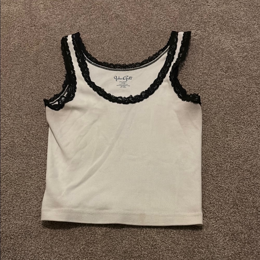 White Tank Top with Black Lace Trim